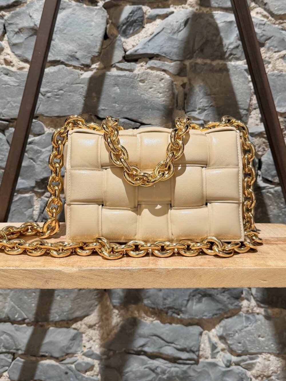 Bottega Veneta Beige Leather Intrecciato Padded Cassette Chain Bag